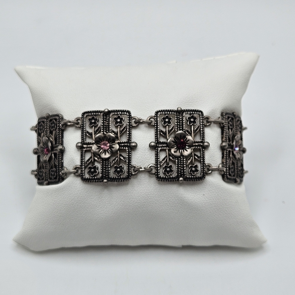 VINTAGE Art Deco Filigree Rhinestone Flower Articulated Panel Link Bracelet